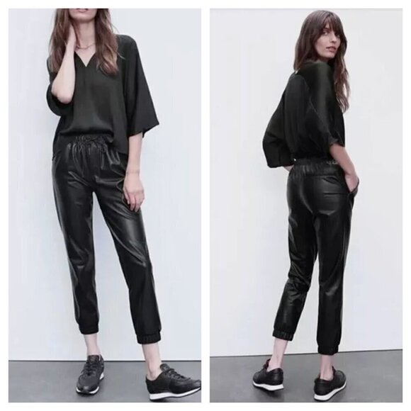 The Reset R Label Faux Leather Vegan Crop Jogger Pants Pull On Black Women's S - Picture 1 of 9